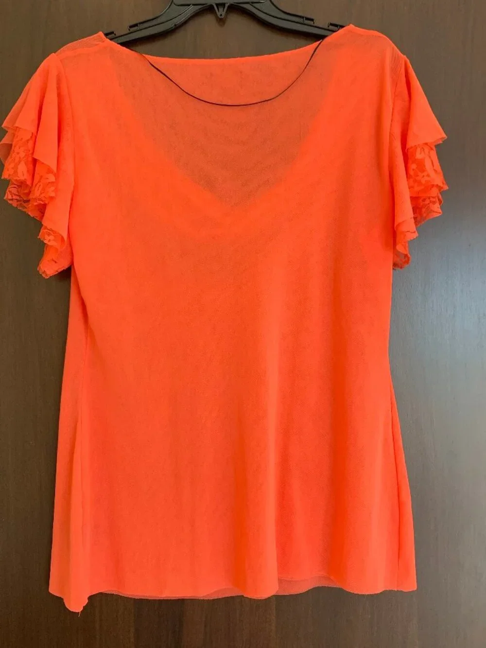 Worthington Orange Cowl Neck Blouse with Lace Flutter Short Sleeves Women L